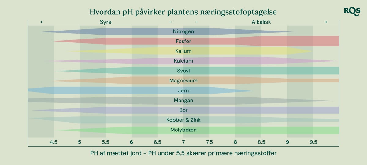 Stangdiagram, der viser, hvordan jordens pH (fra 4,5 til 9,5) påvirker tilgængeligheden af næringsstoffer som nitrogen, fosfor, kalium, calcium, svovl, magnesium, jern, mangan, bor, kobber, zink og molybdæn.