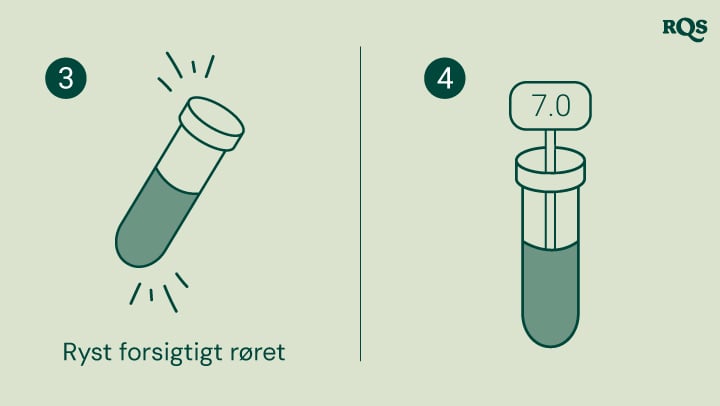 Instruktioner til at teste jordens pH: ryst forsigtigt reagensglasset og sammenlign væskens farve med en tabel for at bestemme jordens pH. Billedet viser et reagensglas med pH 7,0, hvilket indikerer neutral jord.